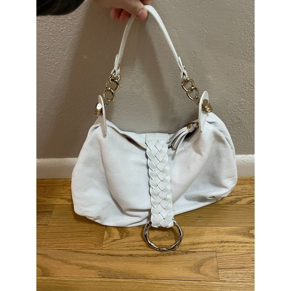 Elaine Turner White leather slouchy‎ Y2K slouchy shoulder bag, pink lining. OS